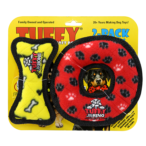 Tuffy Jr Bone Yellow and Ring Red Paw 2 Pack