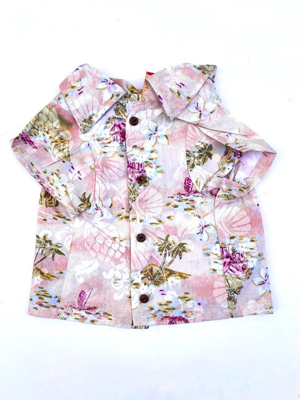 Camp shirt, Peach Scenic sunset with wood buttons