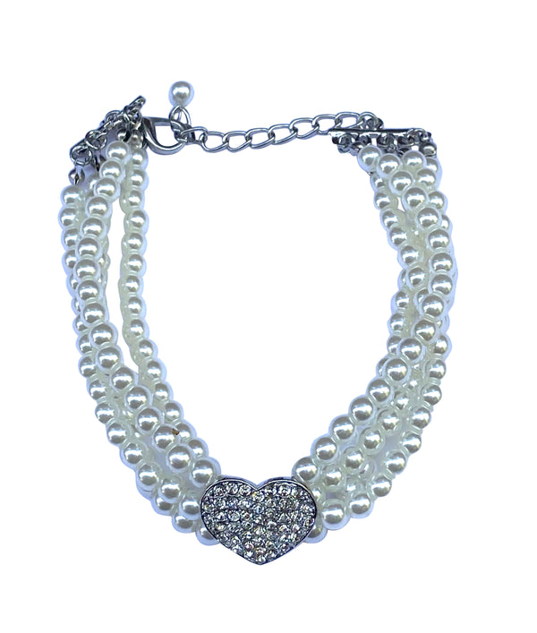 Ivory Pearl Dog Necklace with Rhinestone Heart