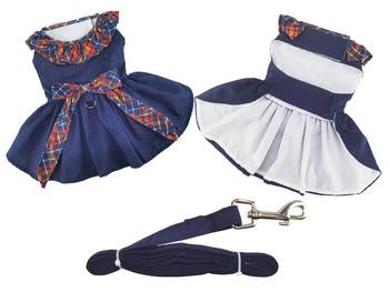 Navy Dog Dress with Plaid Ruffles