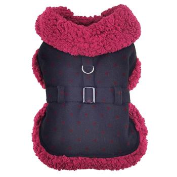 Sherpa-Lined Dog Harness Coat - Black & Burgundy Dots