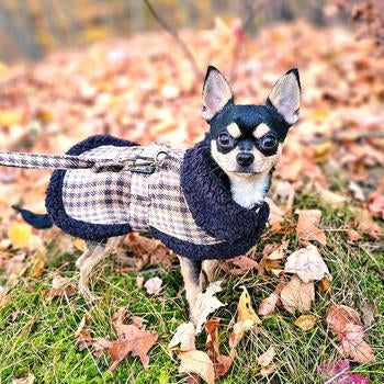 Sherpa-Lined Dog Harness Coat - Brown & White Plaid