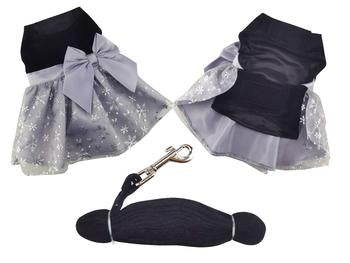 Holiday Dog Harness Dress - Black Velvet with Gray Snowflake Skirt