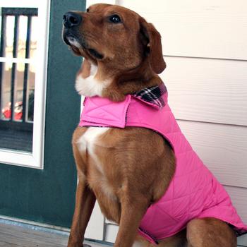 Reversible Fleece Lined Puffer Dog Coat - Pink Plaid